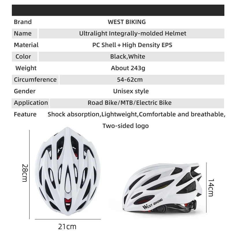 WEST BIKING Ultralight Cycling Helmet Integrated Molding MTB Road Bike Helmet Men Women Cycling Safety Cap Bike Accessories 