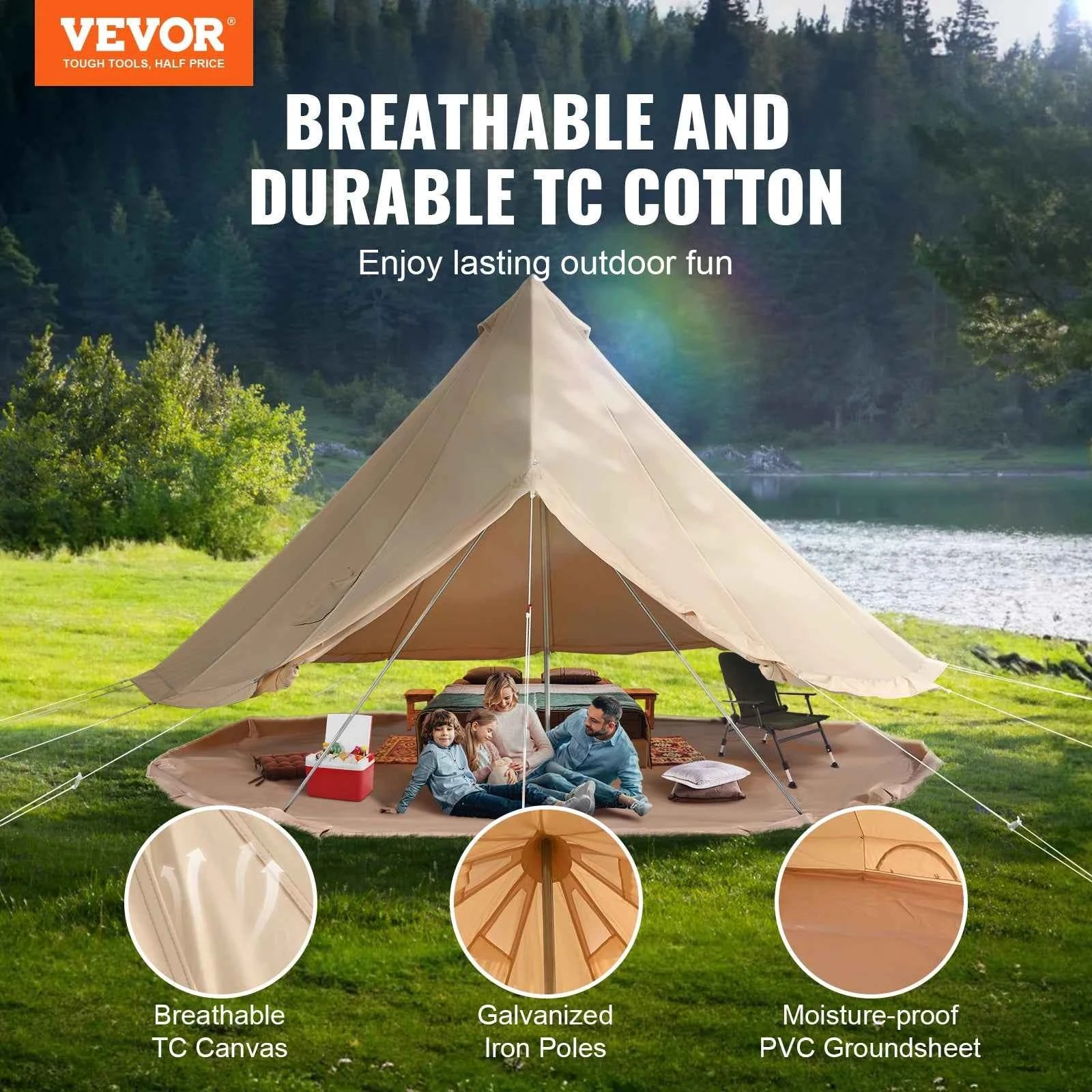 3m Canvas Bell Tent with Stove Jack, Breathable 4-Person