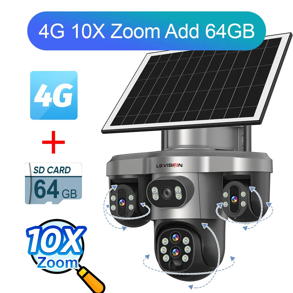 LS VISION 20MP 4 Lens Three Screen 4G Solar Camera Outdoor WiFi 10X Optical Zoom Auto Tracking Wifi Surveillance Camera V380 Pro 