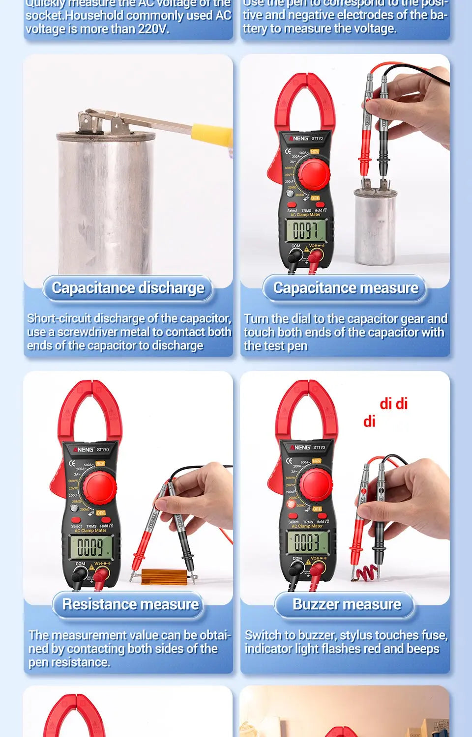 Clamp Meter Digital Multimeter NCV 1999 Counts AC/DC Voltage Ammeter Tester ANENG ST170 Capacitance Ohm Electrician Tester Tools