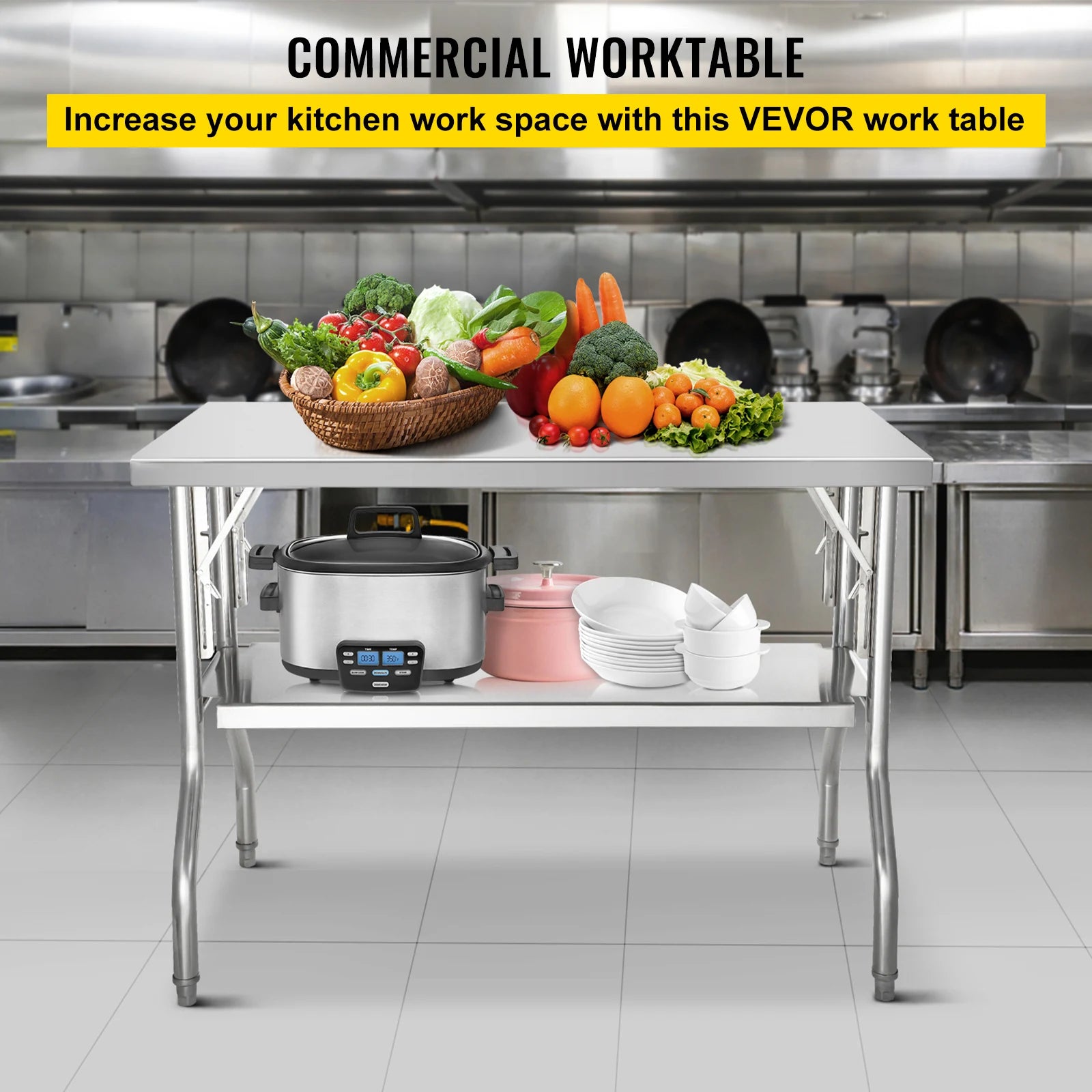 Folding Stainless Steel Work Table with Undershelf 48x24 Inch