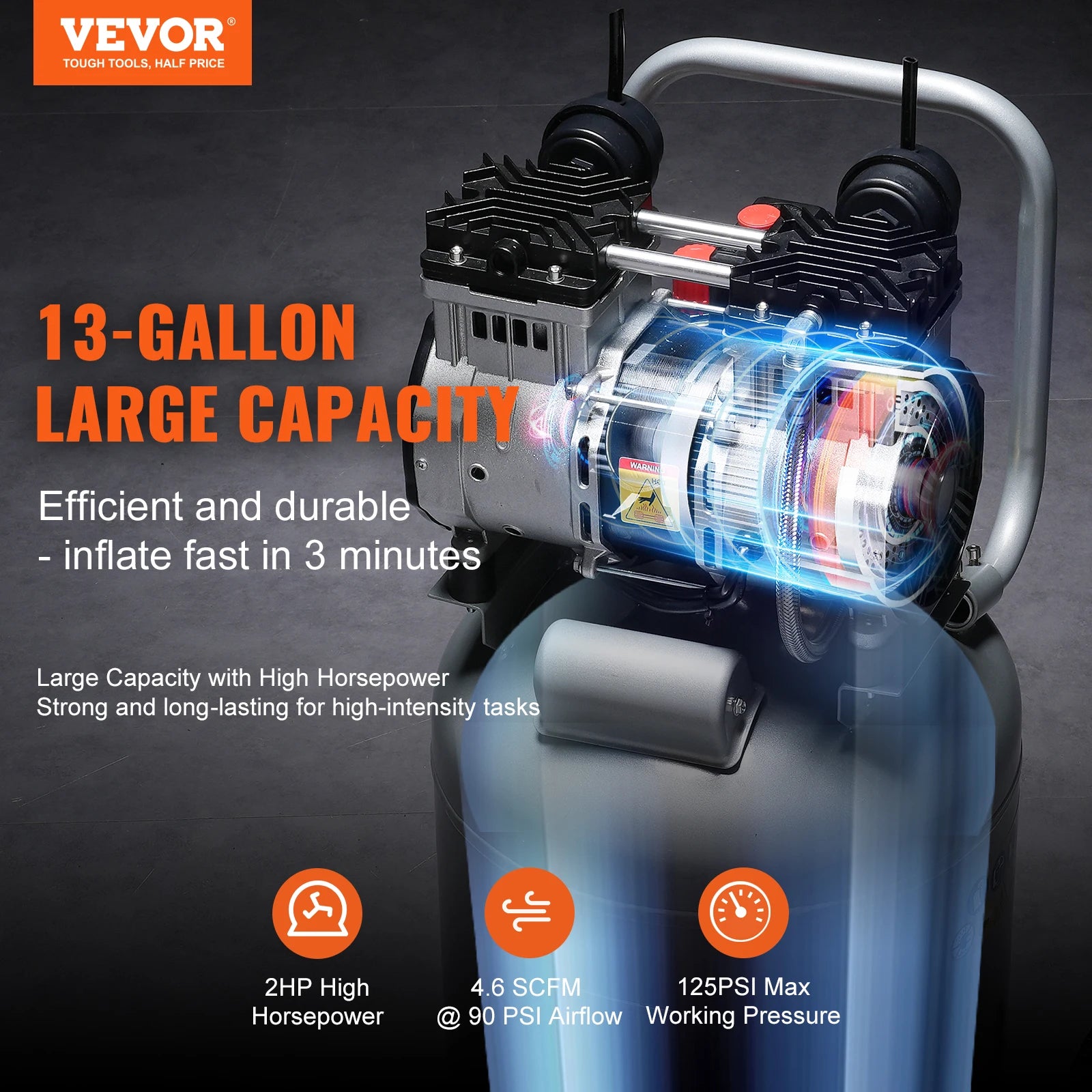 Bezolejový vzduchový kompresor 13 galonů, 2 HP, 125 PSI pro použití v garáži