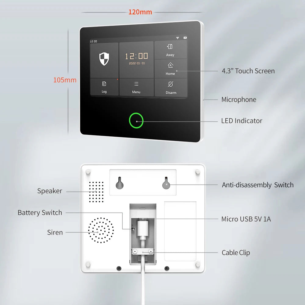 Staniot WiFi SecPanel 5 Wireless Home Alarm System Tuya Smart 4.3" Touch Screen Security Kit Built-in Siren APP Remote Control 