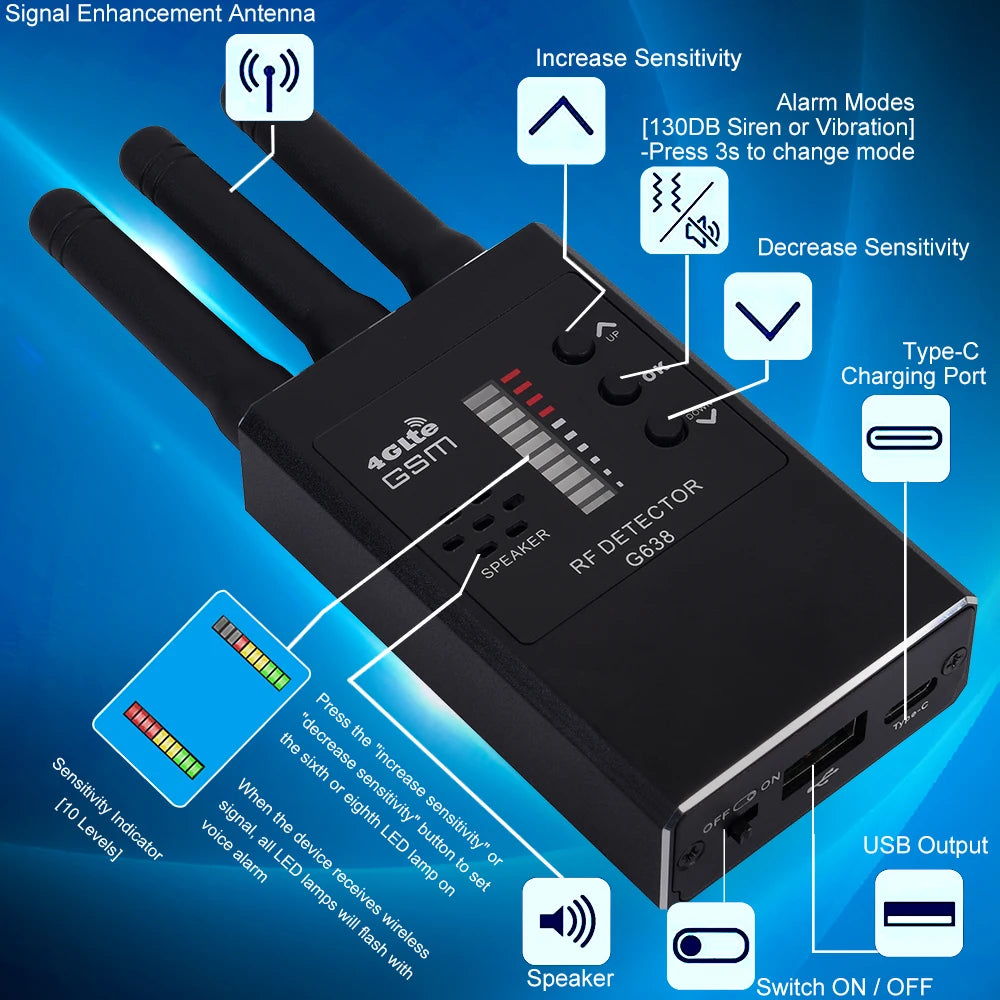 Portable G638 Professional Anti Spy Wireless RF Signal Detector, Hidden Camera Scanner, GPS Tracker, GSM Bug Finders