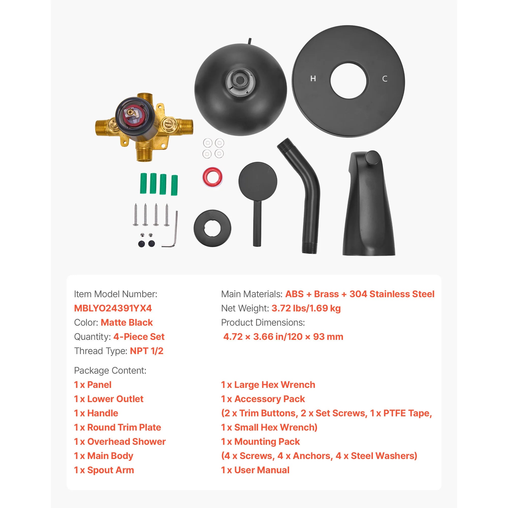 Tub & Shower Faucet Set with Rainfall Head and Pressure Balance Valve