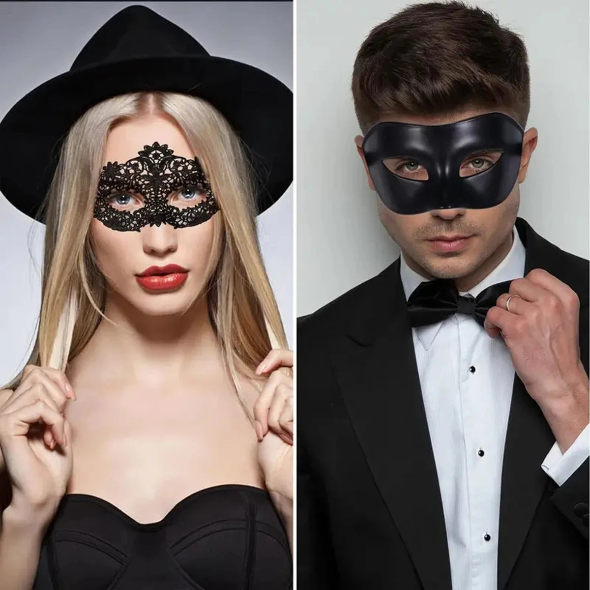 2pcs Elegant Black Lace Masquerade Mask Set for Couples - Perfect for Venetian Party, Mardi Gras, and Halloween Celebrations 