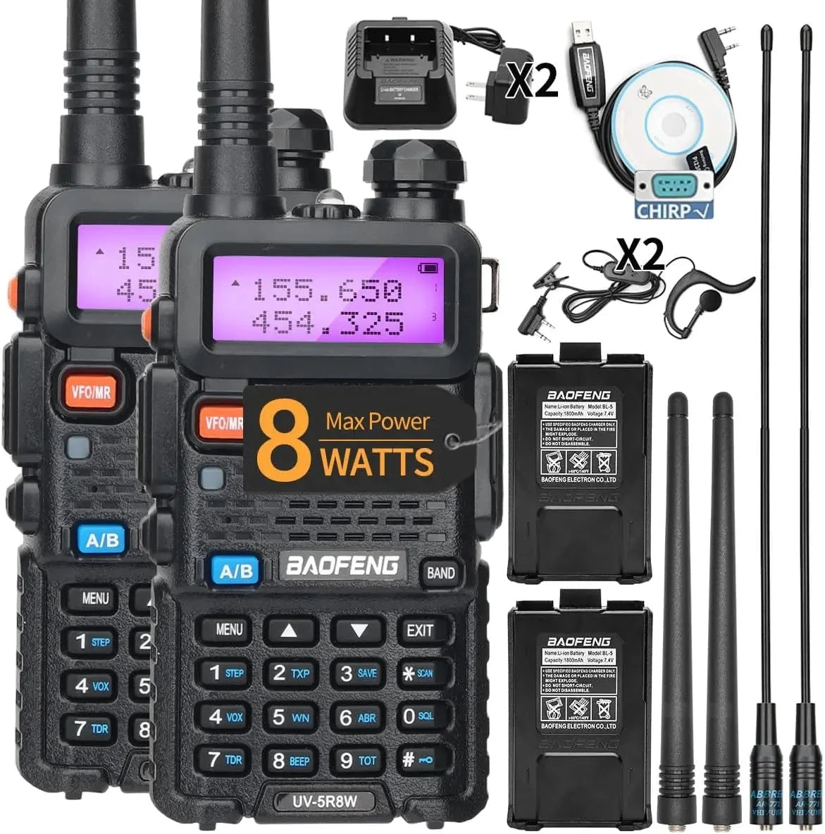 1/2PCS BaoFeng UV-5R 8W Tri-Power Walkie Talkie High Power Dual Band Long Range 128 CH Portable Handheld UV 5R Ham Two Way Radio 