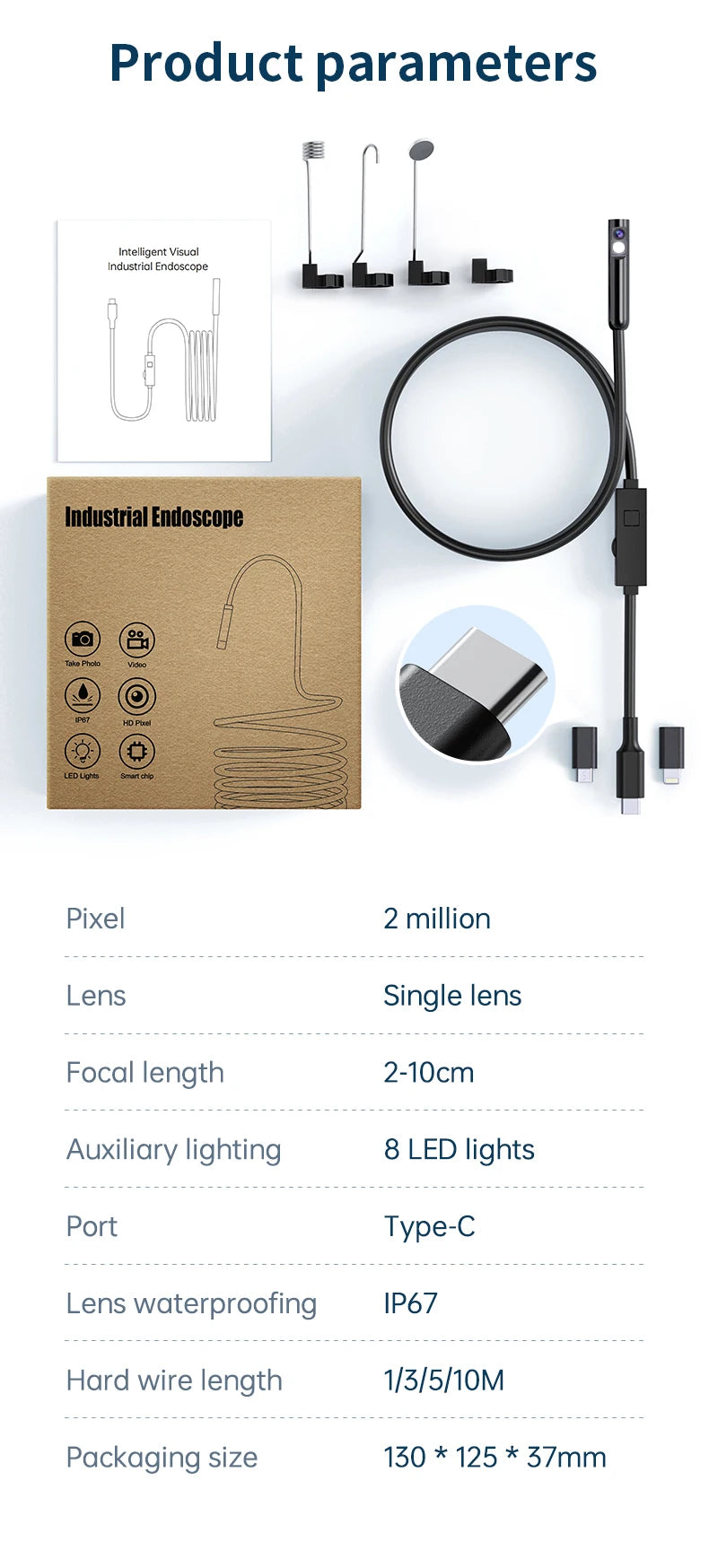 2MP Endoscope Camera 8mm for iPhone and Android, Dual Lens