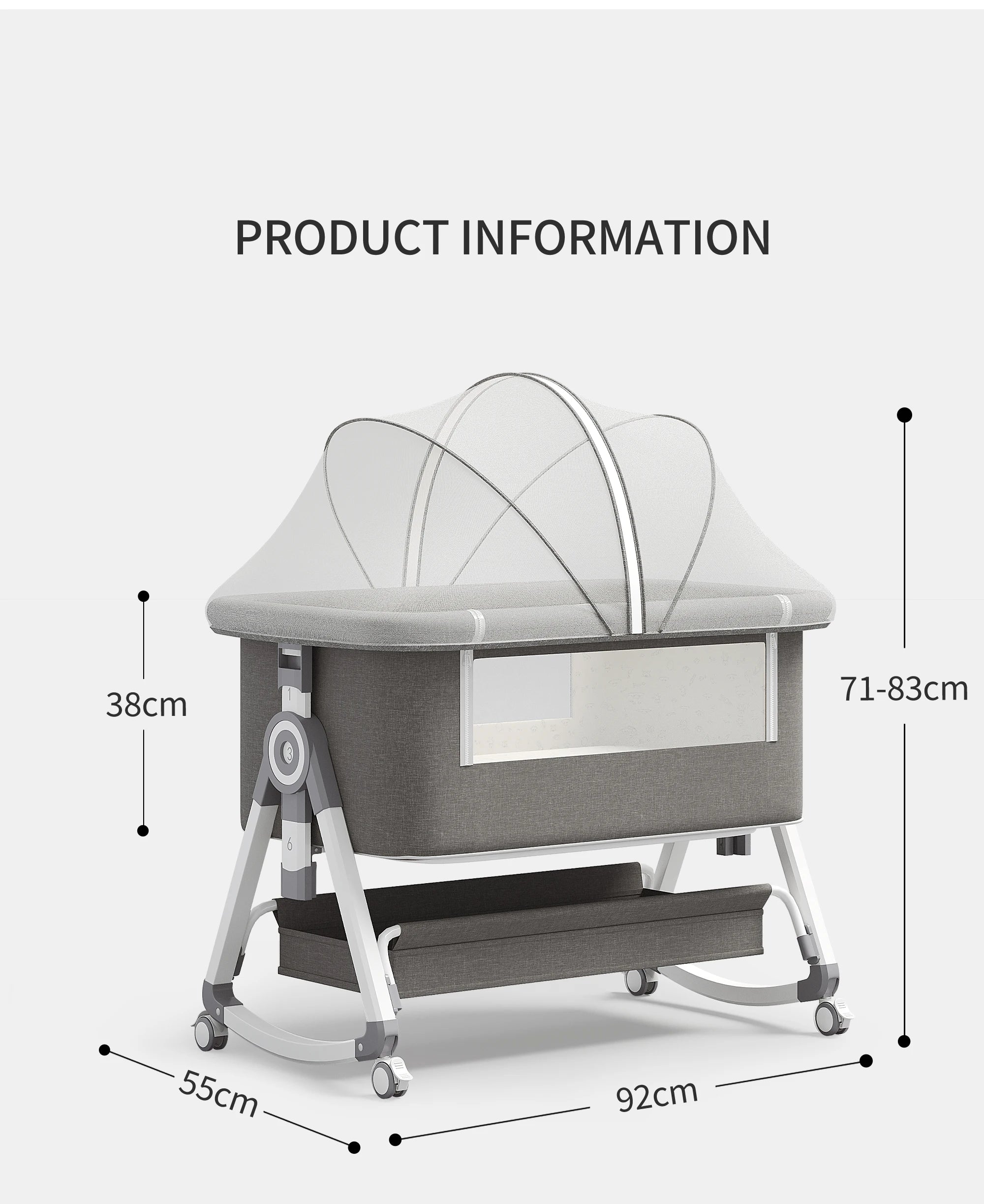 5-in-1 Baby Crib with Adjustable Height, Rocking Mode, Mosquito Net and Storage