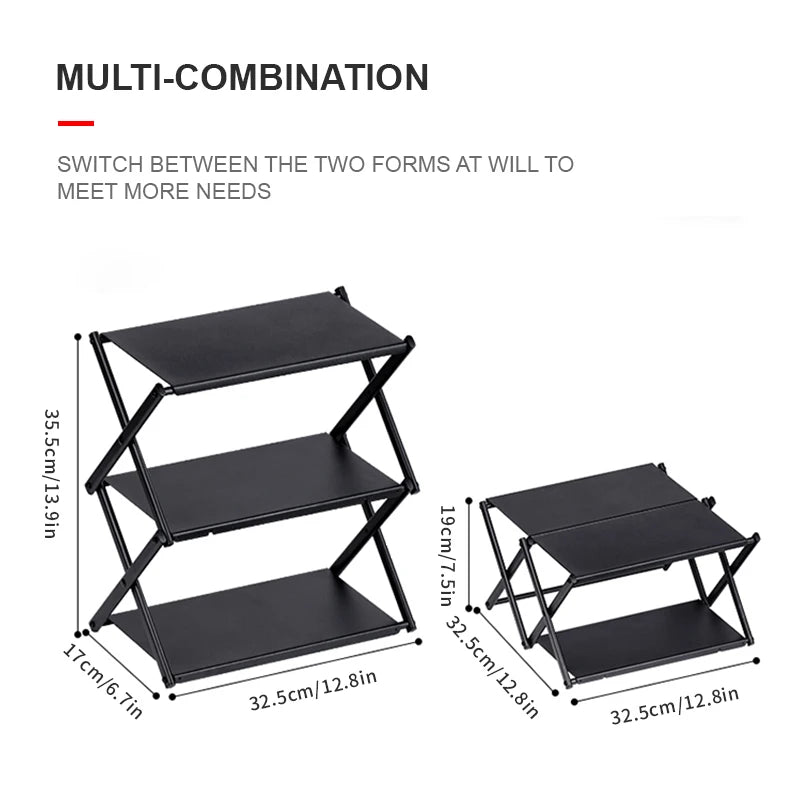 Camping Foldable Three-Tier Storage Shelf Rack for Outdoor Use