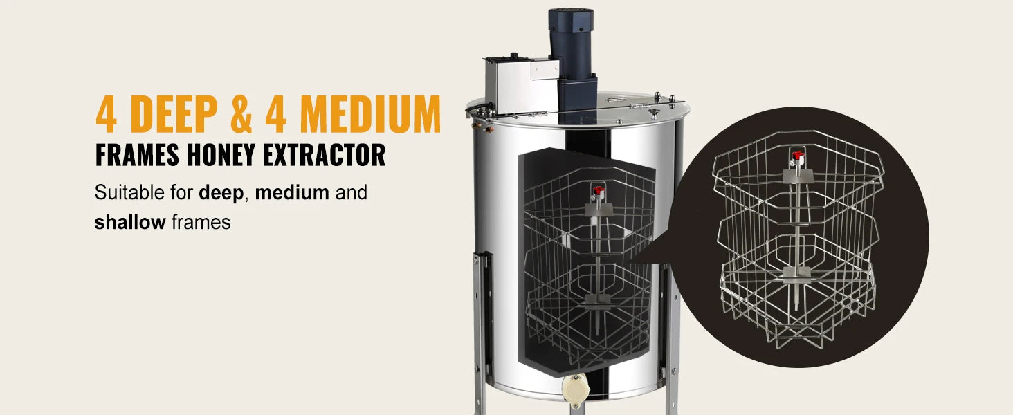 Electric Honey Extractor 4/8 Frames Stainless Steel with Adjustable Stand