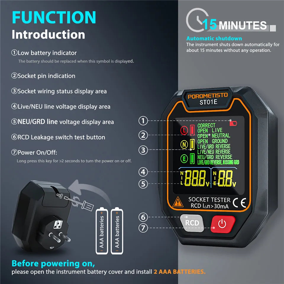 ST01 Digital Socket Tester with RCD/GFCI Test