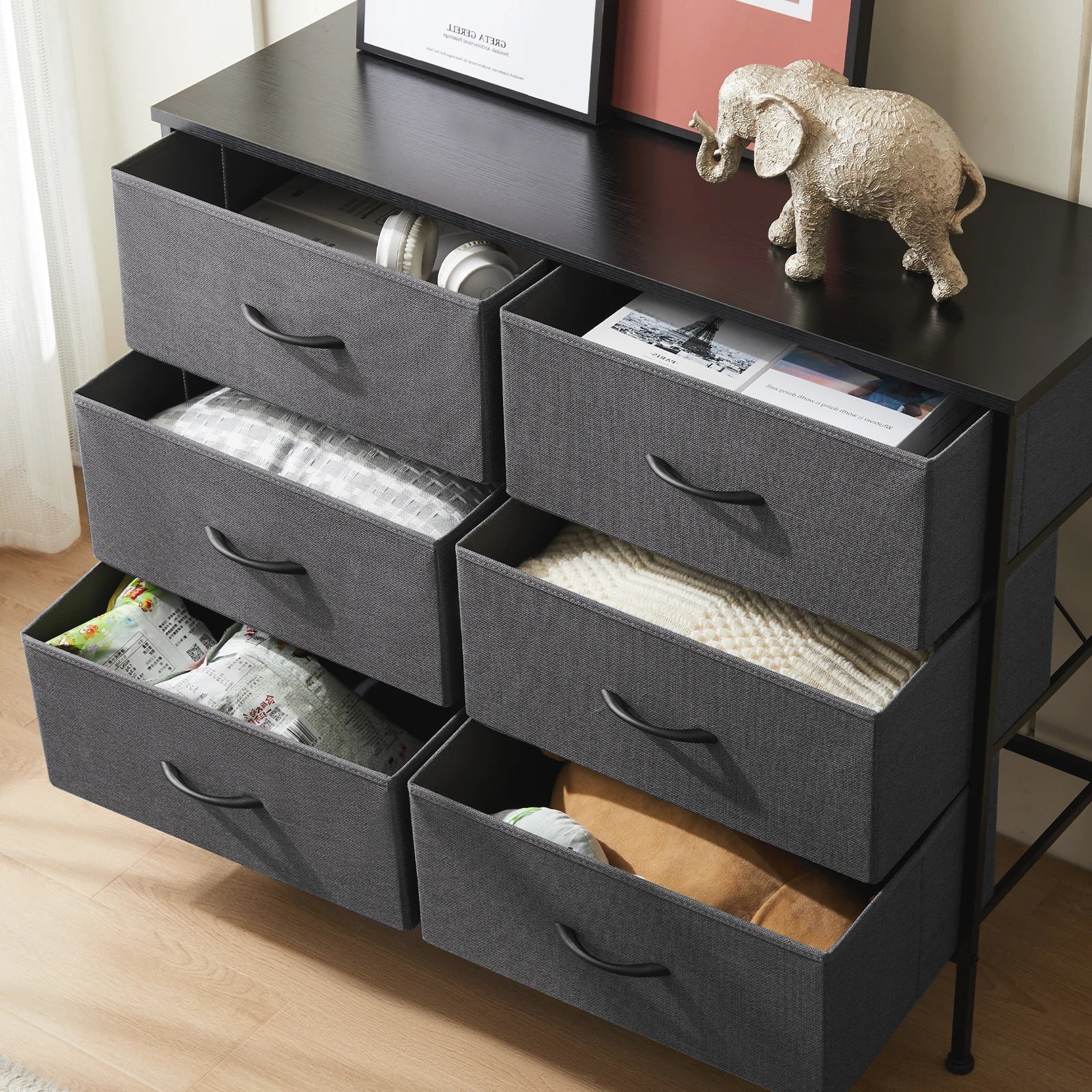 6 Drawer Fabric Nightstand with Metal Frame and Wooden Top