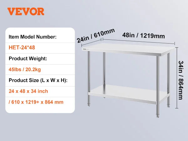Table de préparation en acier inoxydable avec étagère réglable pour usage en cuisine