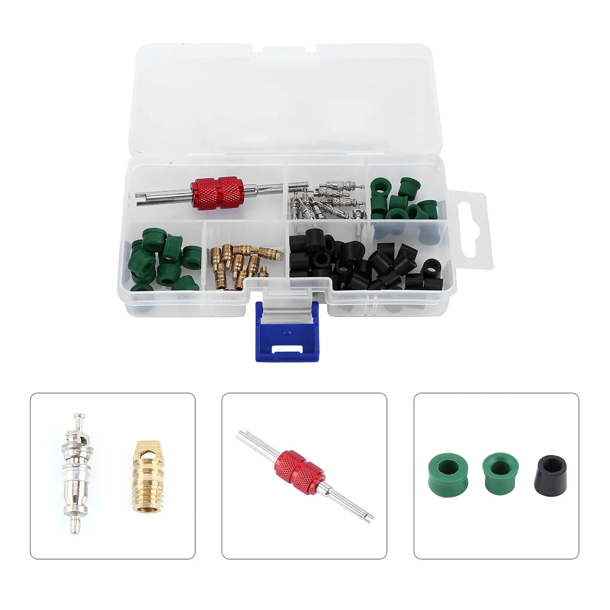 Valvola Kit per condizionatore Kit di riparazione Strumento di riparazione Cuori di valvola Guarnizioni O-ring Valvole Strumenti chiave per valvole