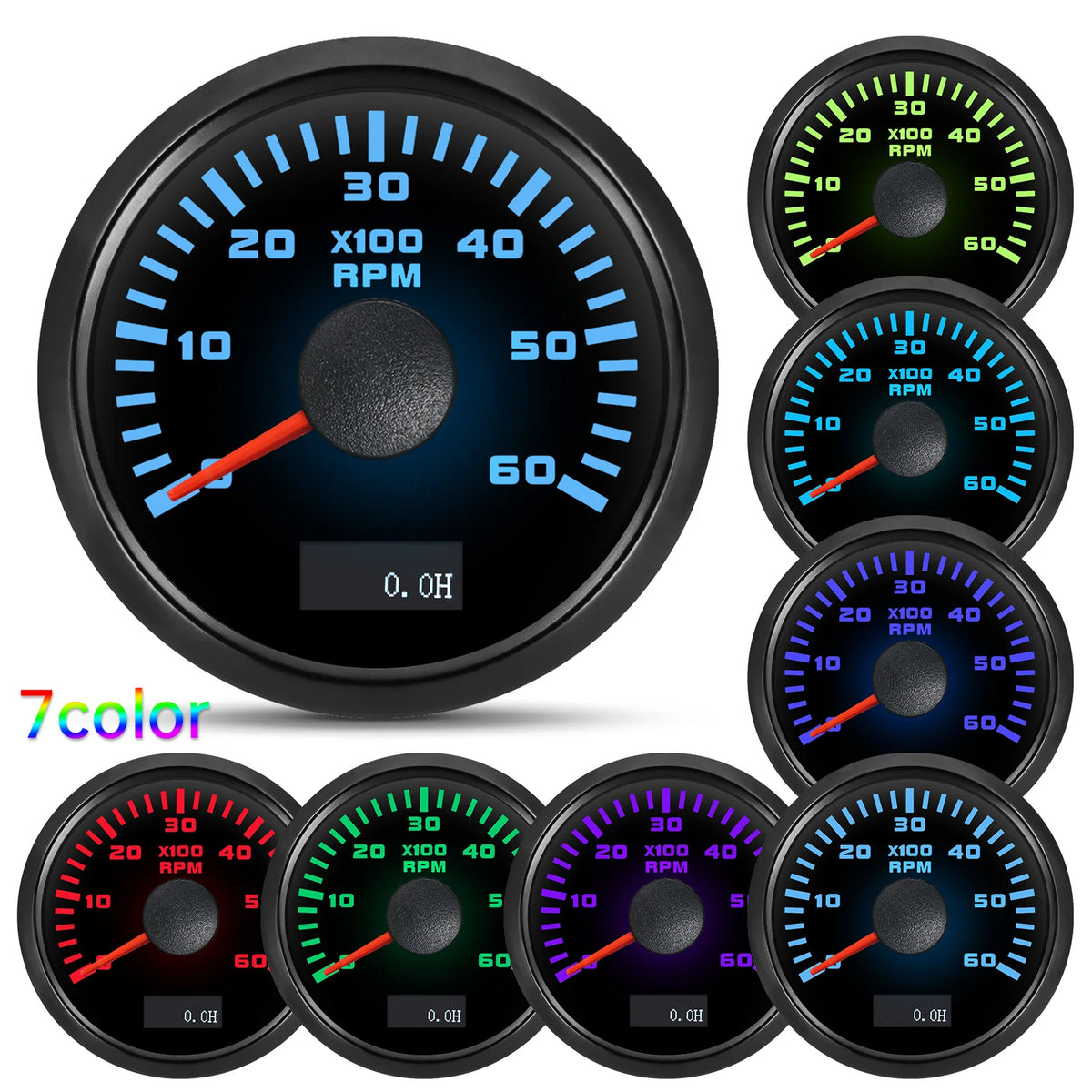 52 mm Tachometer Gauge with 7-Colour Backlight for Car and Boat