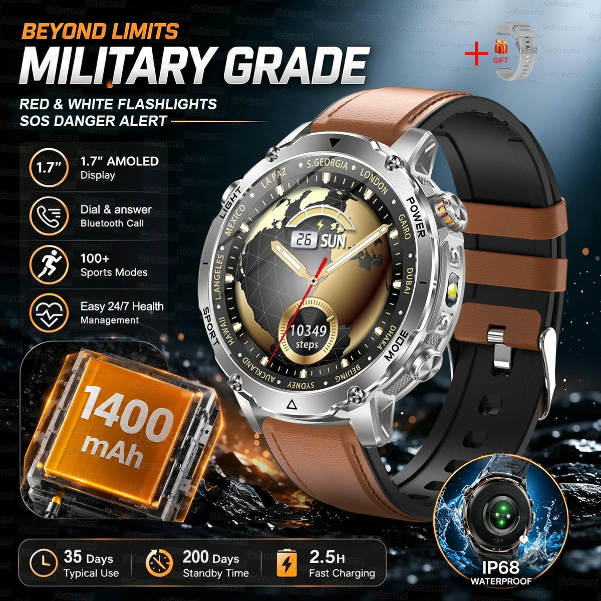 Outdoor Bluetooth Anruf-Smartwatch mit LED-Taschenlampe