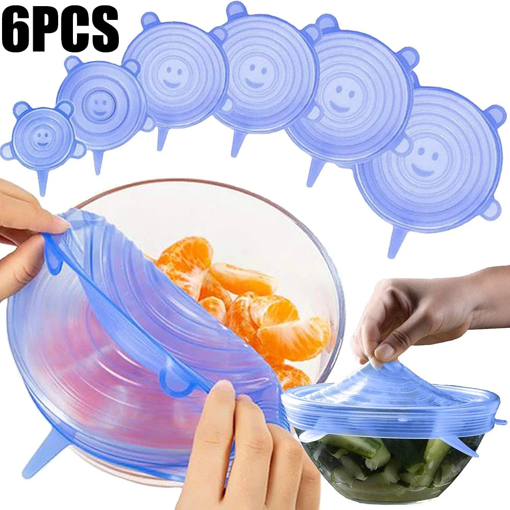 6Pcs Food Grade Silicone Preservation Cover Reusable Airtight Food Universal Dish Stretch Round Lids For Kitchen Accessories 