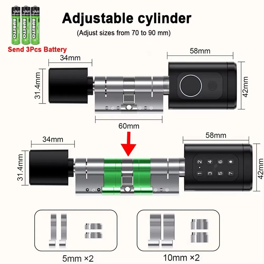 Electronic Digital Tuya Smart Lock Cylinder with Fingerprint Password App Bluetooth Card Mechanical Key Easy Replacement Battery