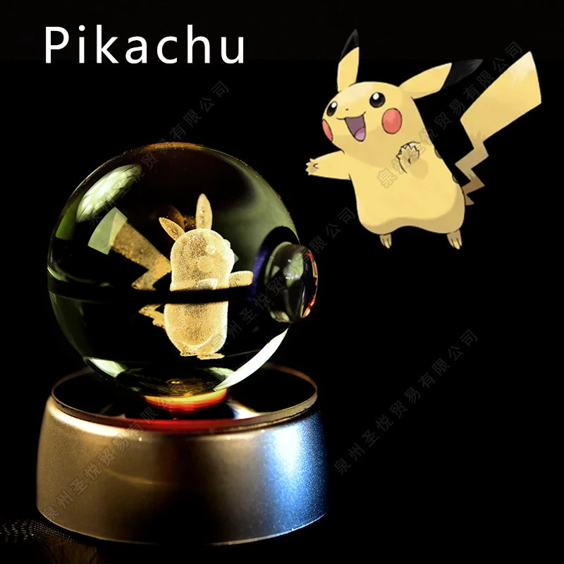 Pokemon Crystal Ball 3D Pikachu Gengar Mewtwo Night Light Lamp Pokeball 3D Glass Pokemon Crystal Ball Statue Kids Birthday Gift 