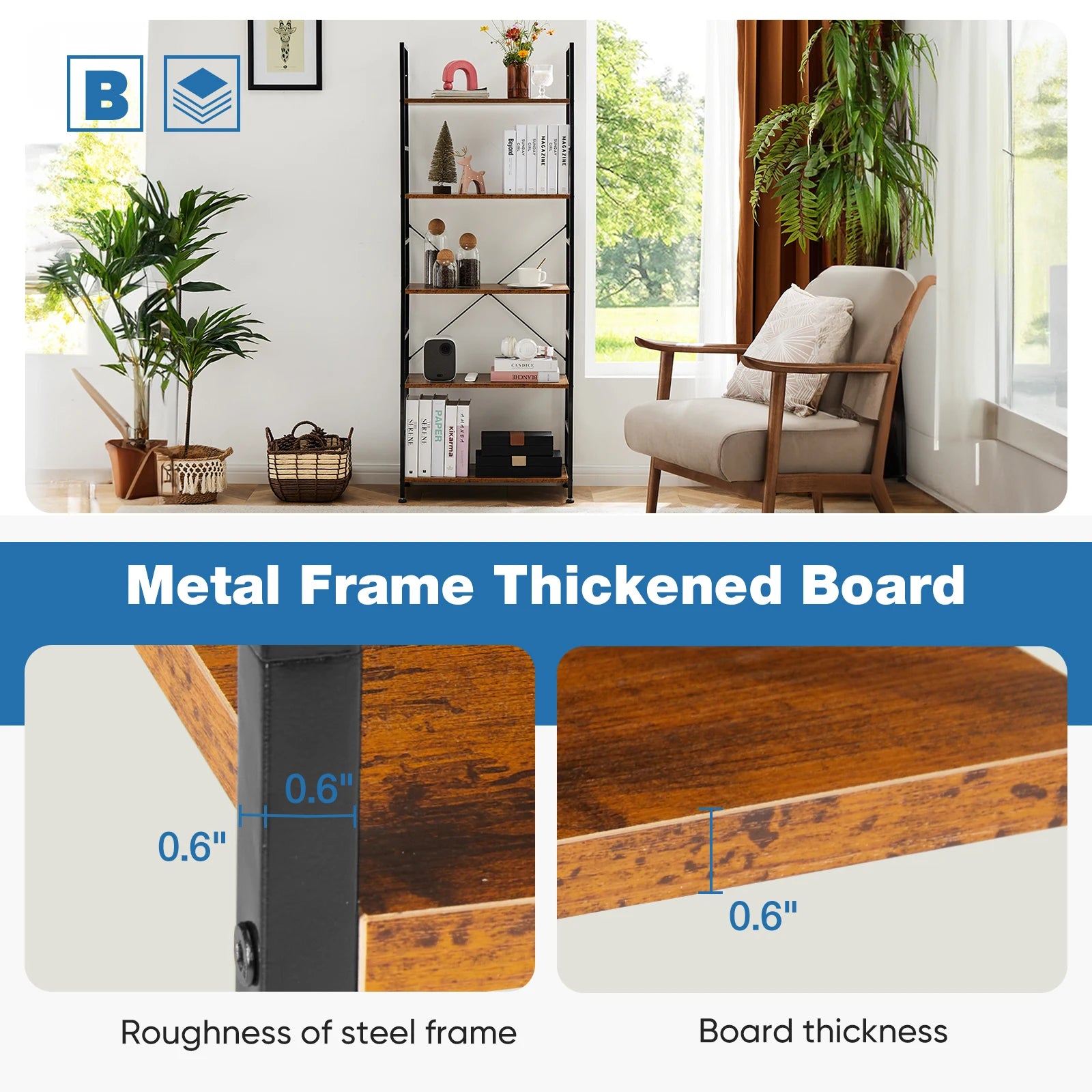5 Tier Narrow Bookcase Storage Shelf for Home Office Living Room