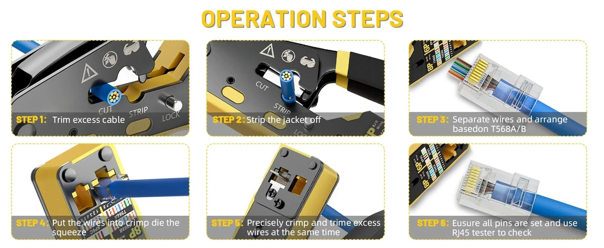 Pass-Through RJ45 Crimp, Cut and Strip Tool