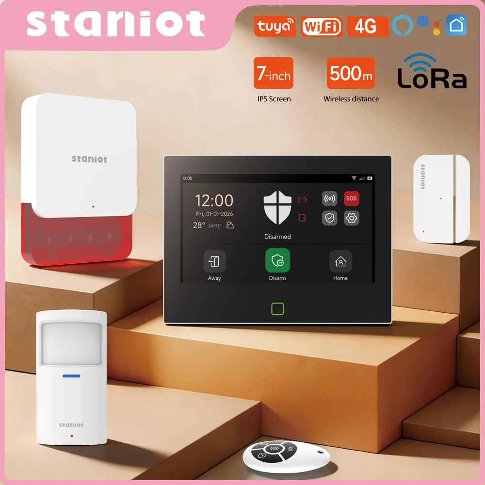 16|Staniot Versión Lora de 7 pulgadas Sistema de alarma para el hogar inalámbrico Alcance de transmisión de 500m WiFi 4G Sirena integrada. Alarma inteligente