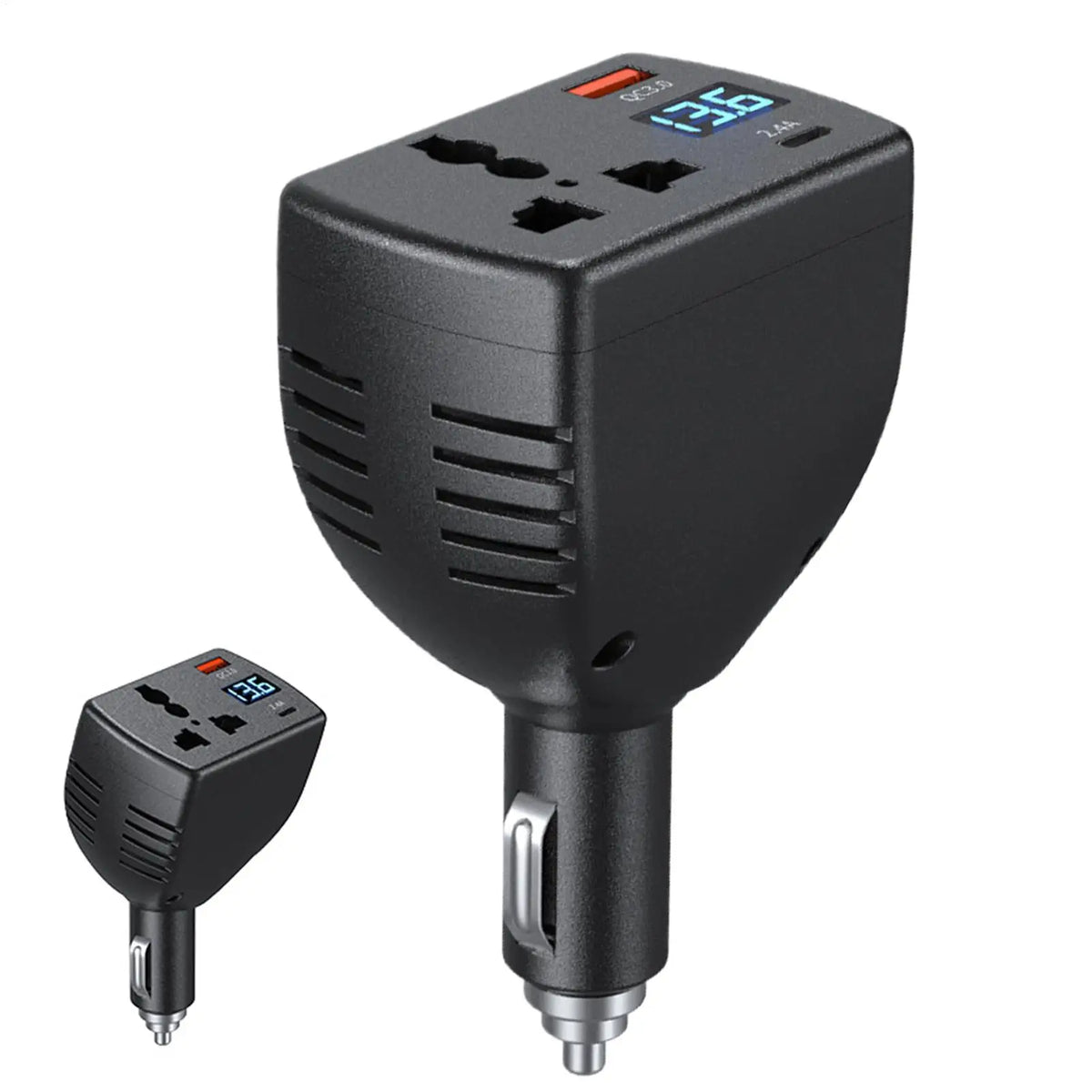 Car power inverter with USB-A USB-C and voltage display