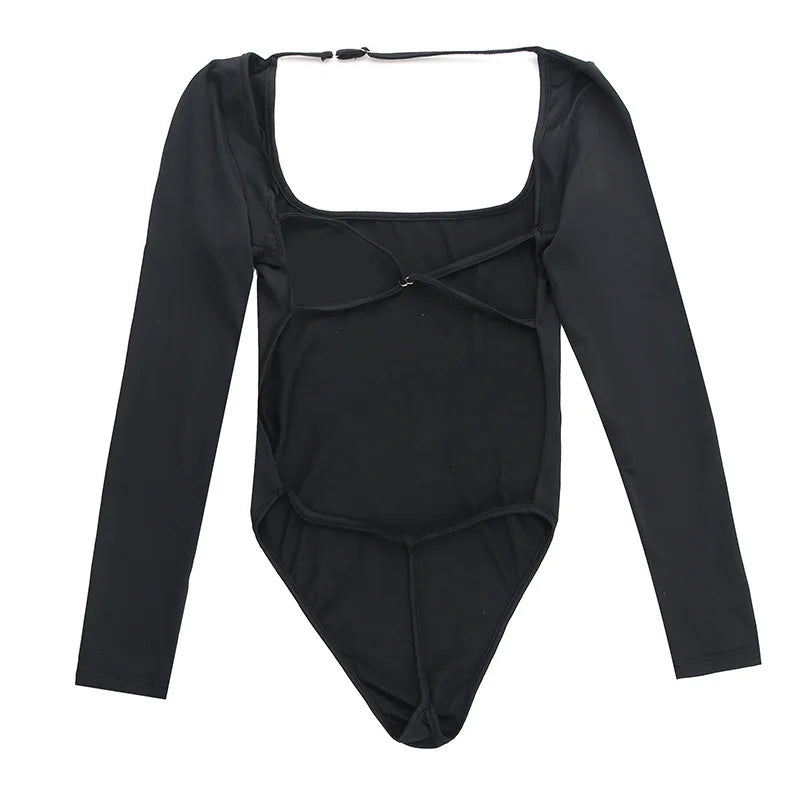 Rugloze body met lange mouwen, nauwsluitend, vierkante hals, clubtop