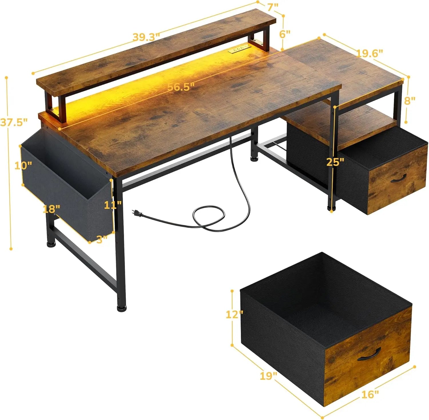 56.5" Office Desk with Drawers, Power Outlets & Monitor Stand