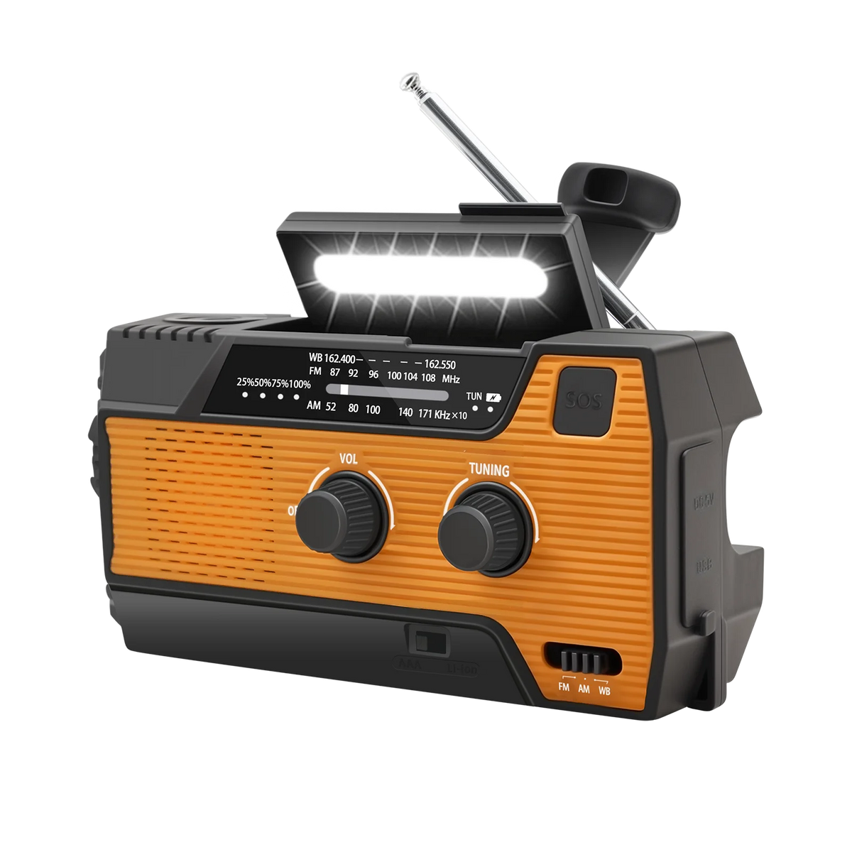  AM/FM rádio so solárnym napájaním a ručným dobíjaním