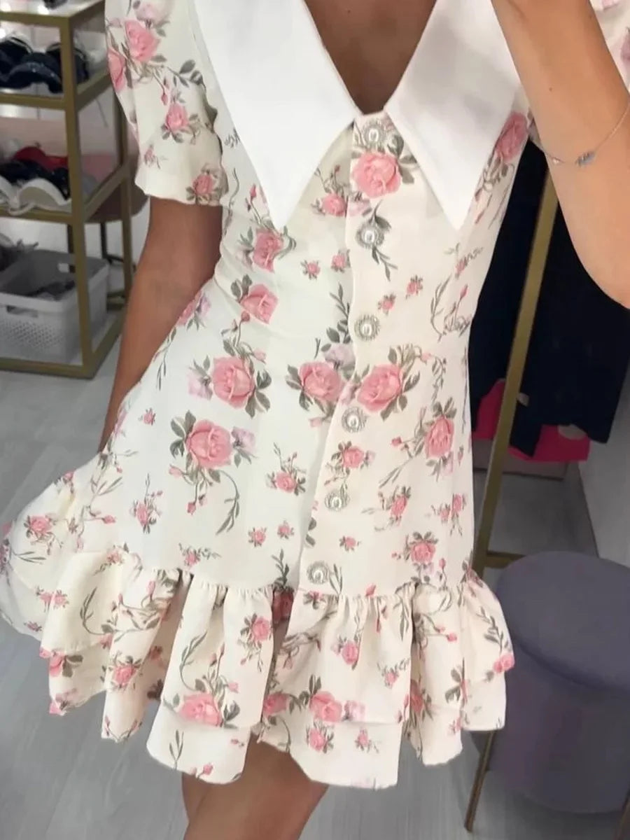 Tornova Print Puff Sleeves Ruffled Dress Women's V-Neck High Waist Pearl Buttons Mini Dress Female Casual Vacation Fashion Dress 