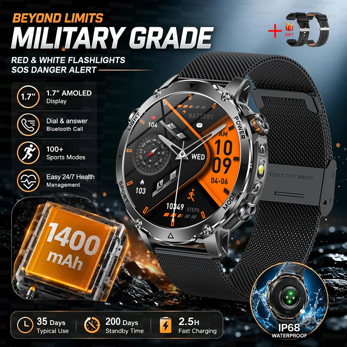 Outdoor Bluetooth Anruf-Smartwatch mit LED-Taschenlampe