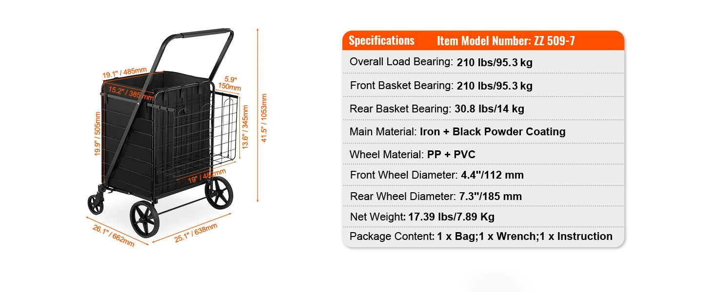 Chariot de courses pliable avec doublure imperméable et capacité de 330LB