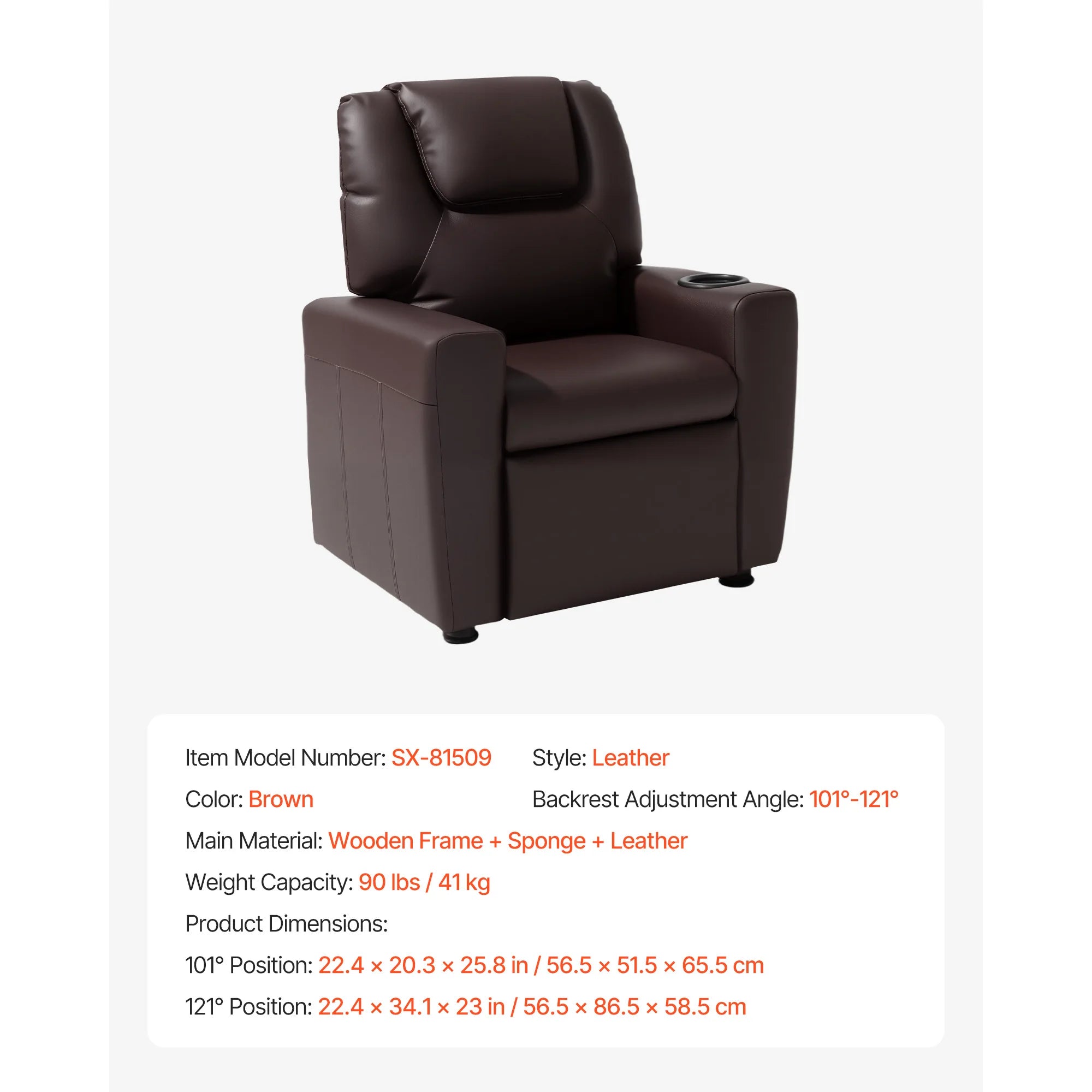 SucceBuy Kids Reclining Chair Toddler Recliner with Cup Holders and Pockets 107° to 126° Adjustable Backrest for Boys & Girls