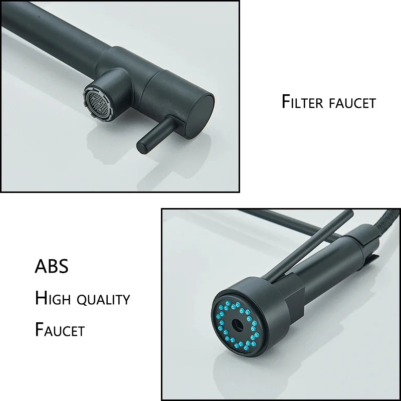 Black Kitchen Sink Faucet Pull Down Hot and Cold Water Mixer2 Mode Tap with Dual Spout 360 Rotation Flexible Deck Mounted 