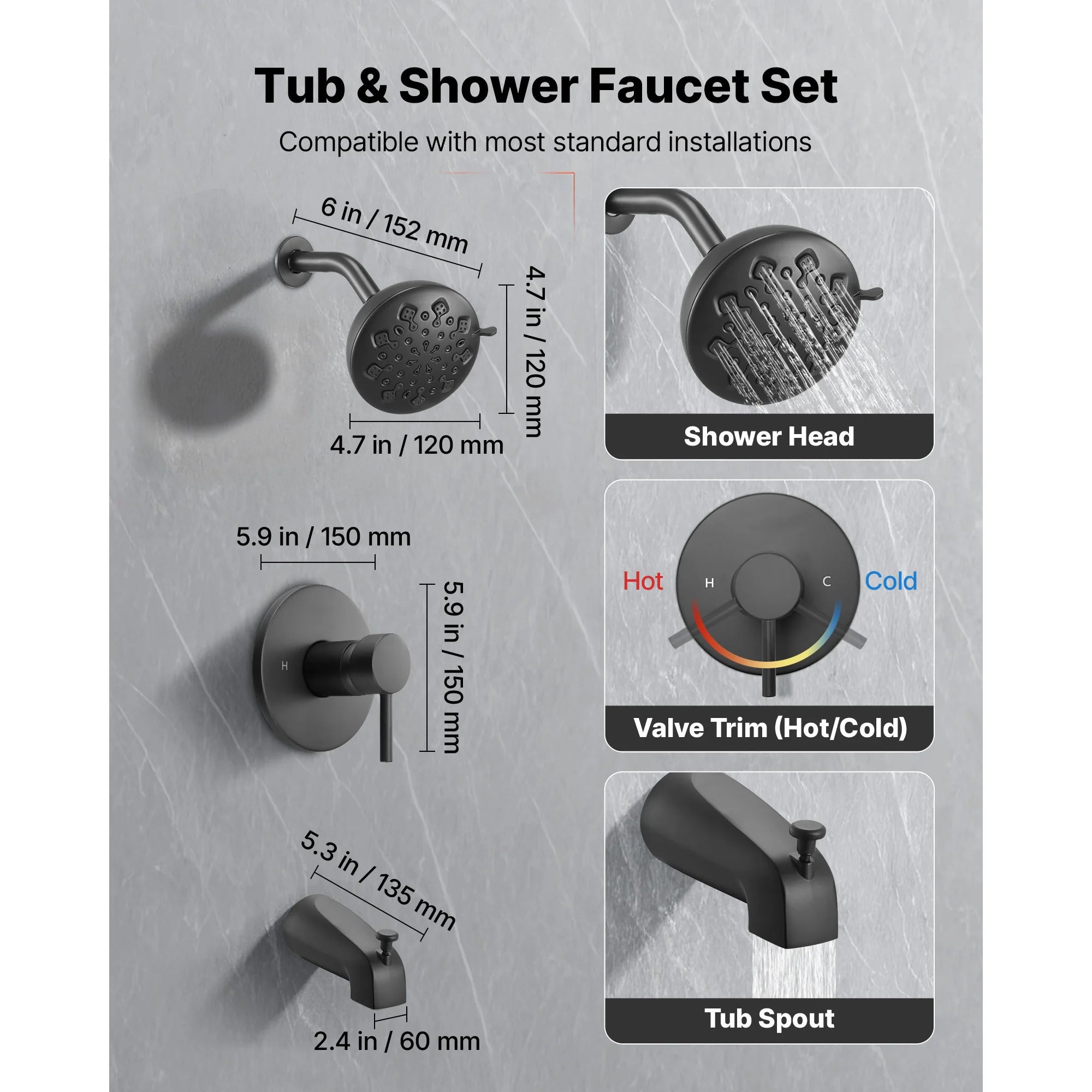 Tub & Shower Faucet Set with Rainfall Head and Pressure Balance Valve
