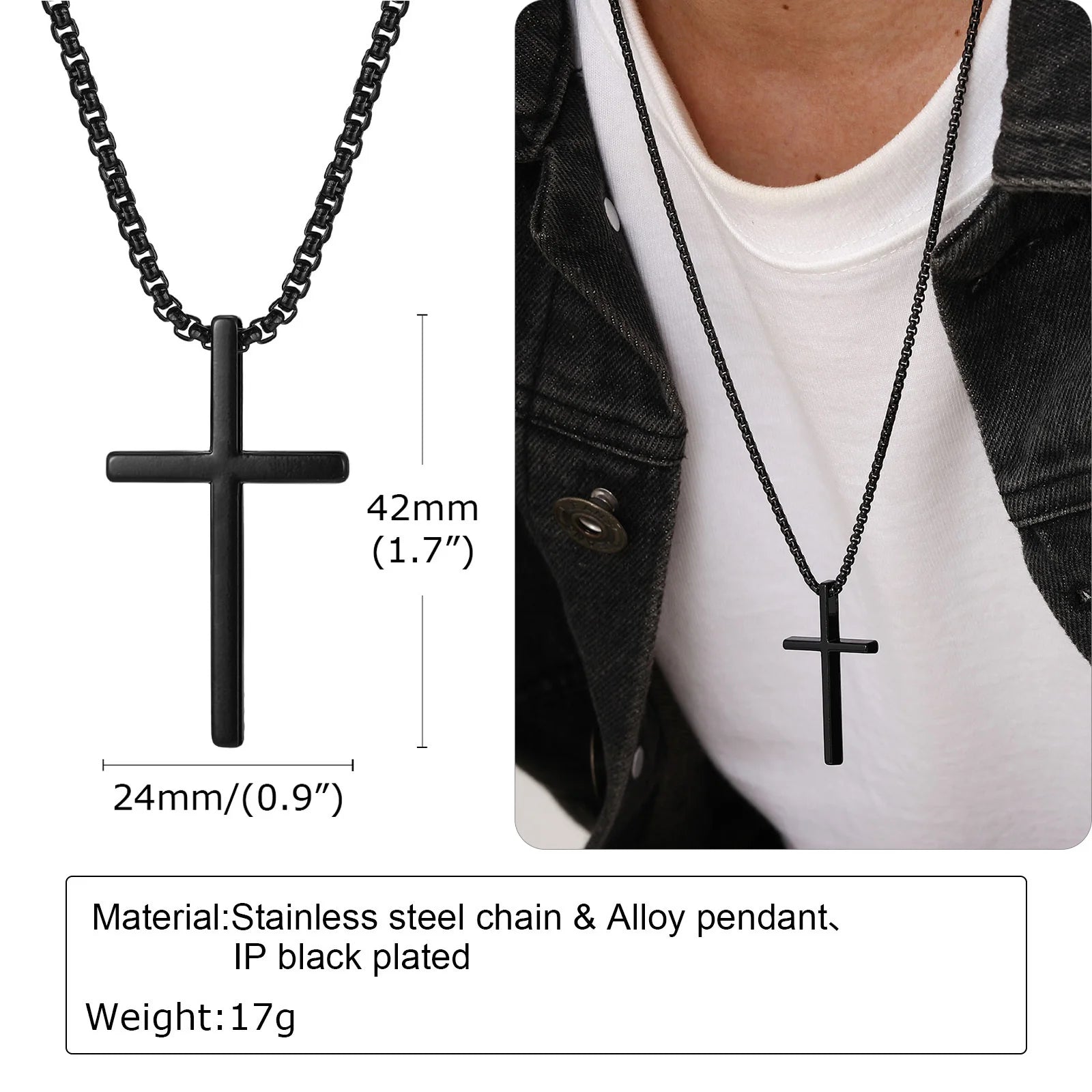 Vnox Cross Necklace for Men Women, Silver Color Plain Cross Pendant Collar with Stainless Steel Box Chain 