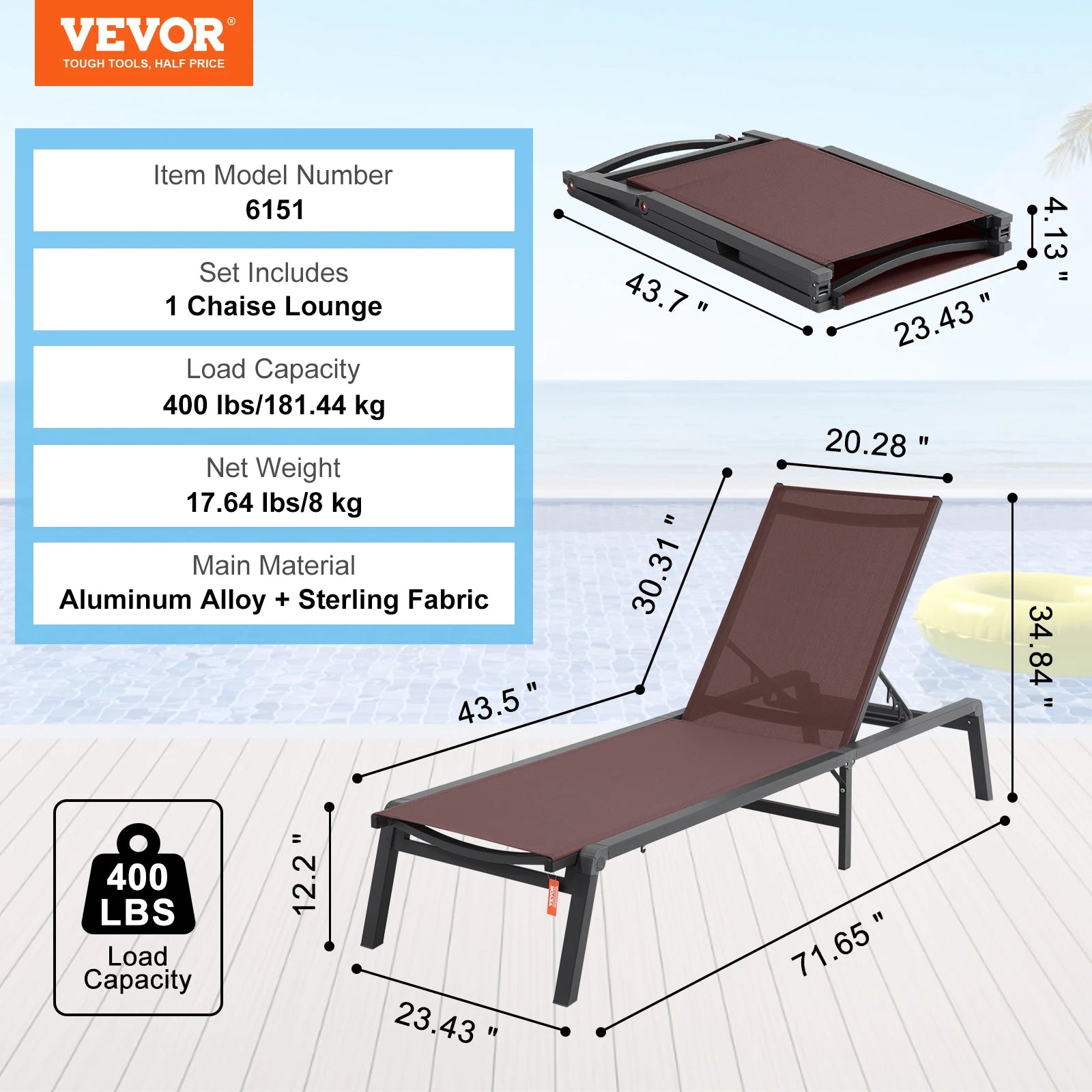 SucceBuy Chaise Lounge Chair Outdoor Aluminum Patio LoungeFolding Pool Lounge Recliner Full Flat for Patio Beach Pool Dark Grey