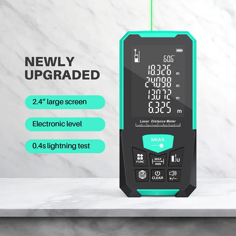 Laser Rangefinder, Green Laser Source, Multiple Measurement Modes, M/FT/IN Unit Switching, Battery Free, 5 Range Options