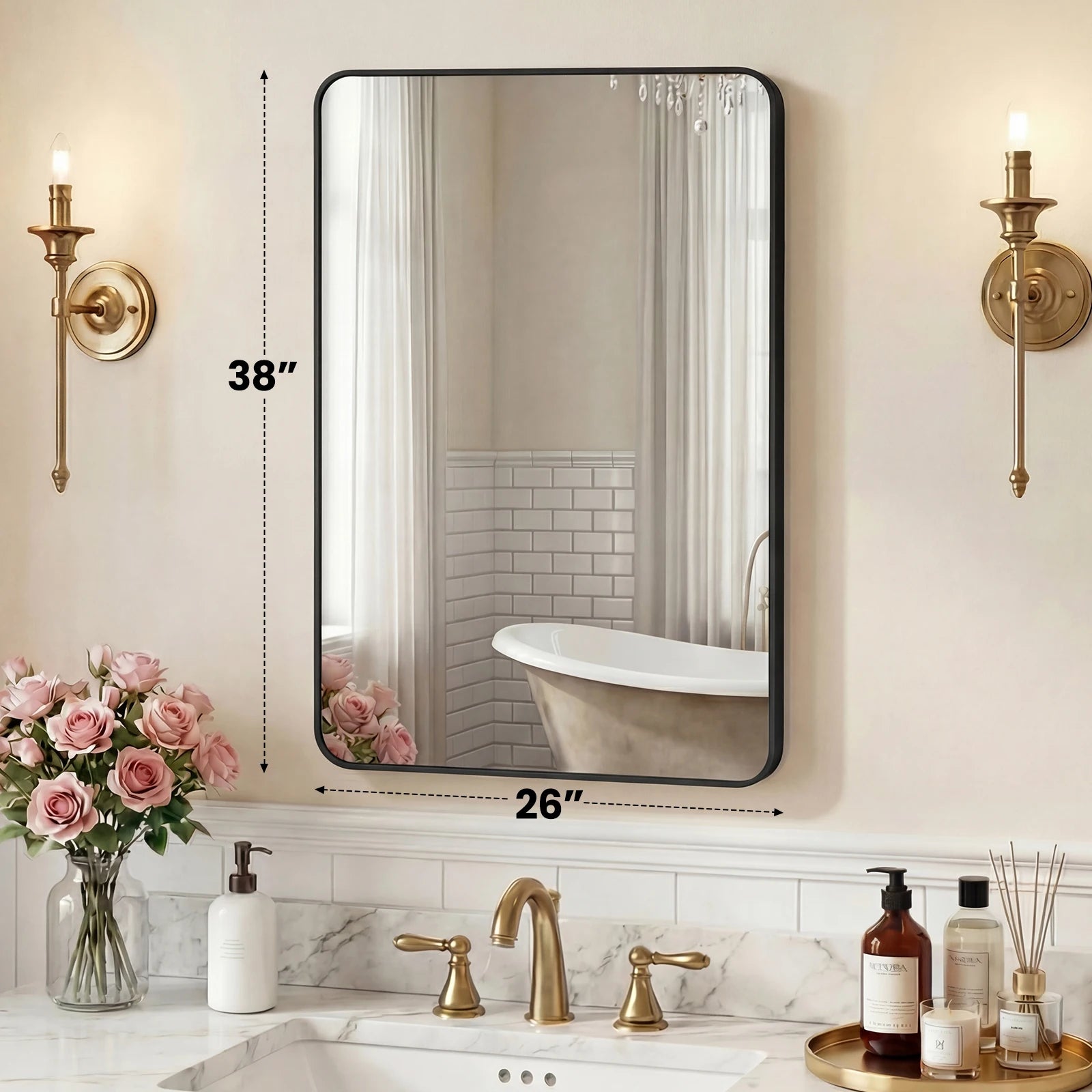 Rounded Rectangle Wall Mirror with Metal Frame, Tempered Glass
