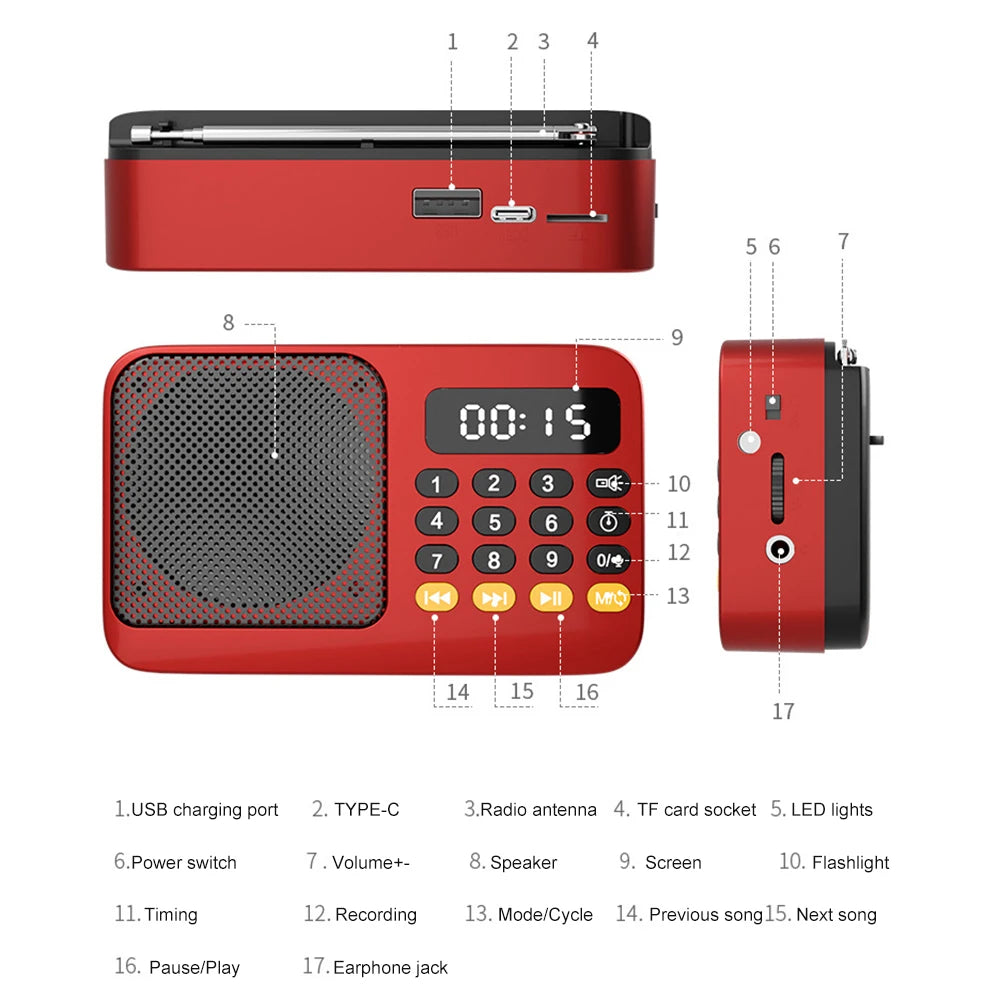 Rádio FM portátil e leitor de MP3 com ecrã LED