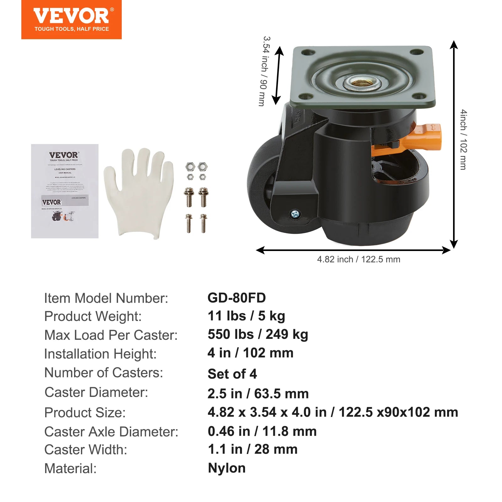 Adjustable Leveling Casters Set of 4 Heavy Duty Swivel Wheels