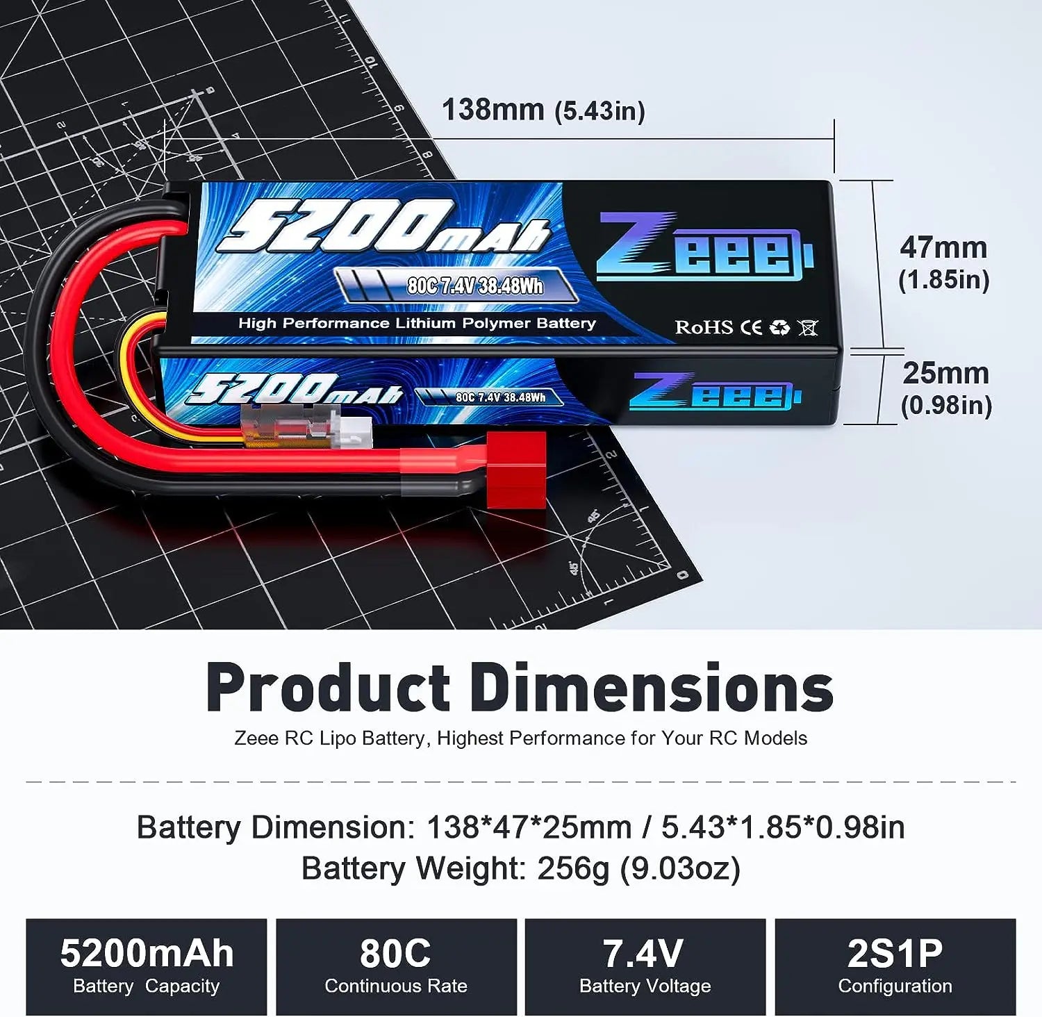 1/2ks Zeee 2S 5200mAh Lipo baterie 80C s T/XT60/EC5/EC3 konektorem RC baterie pro RC auta, nákladní auta, truggy, buggy, závodní hobby díly