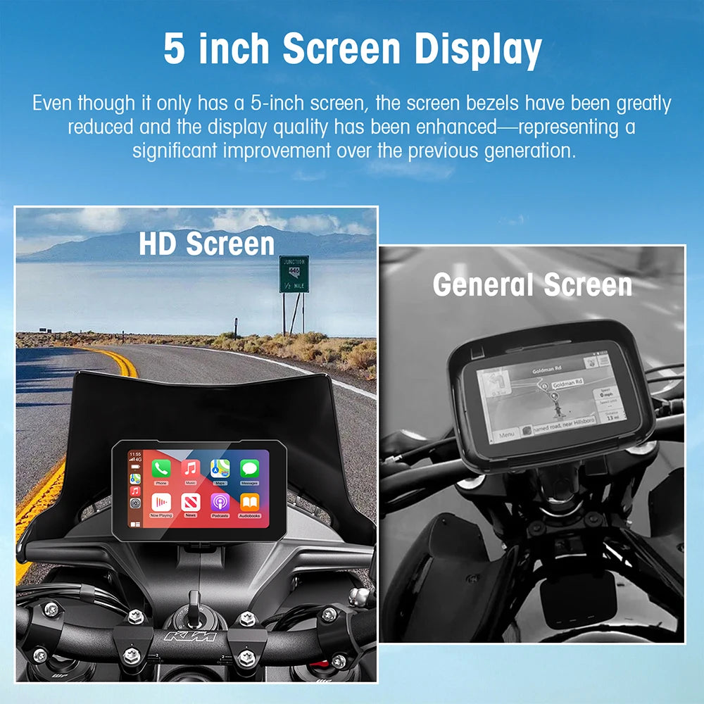 5 Inch Motorcycle Portable GPS Navigation Display with Wireless CarPlay and Android Auto