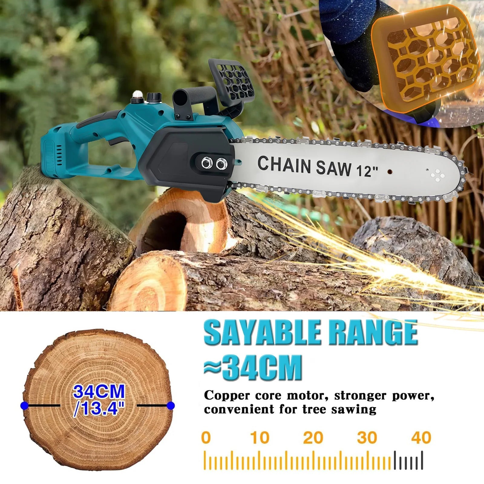 2x Battery 12'' Electric Cordless Chainsaw Power Wood Cutter Saw For Makita 18V with oil system 