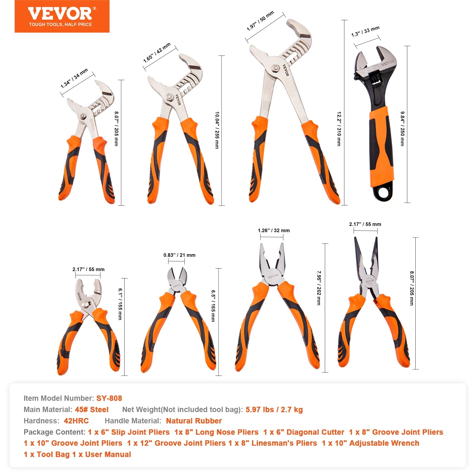 Ensemble de 8 pinces avec clé réglable Kit d'outils en acier robuste