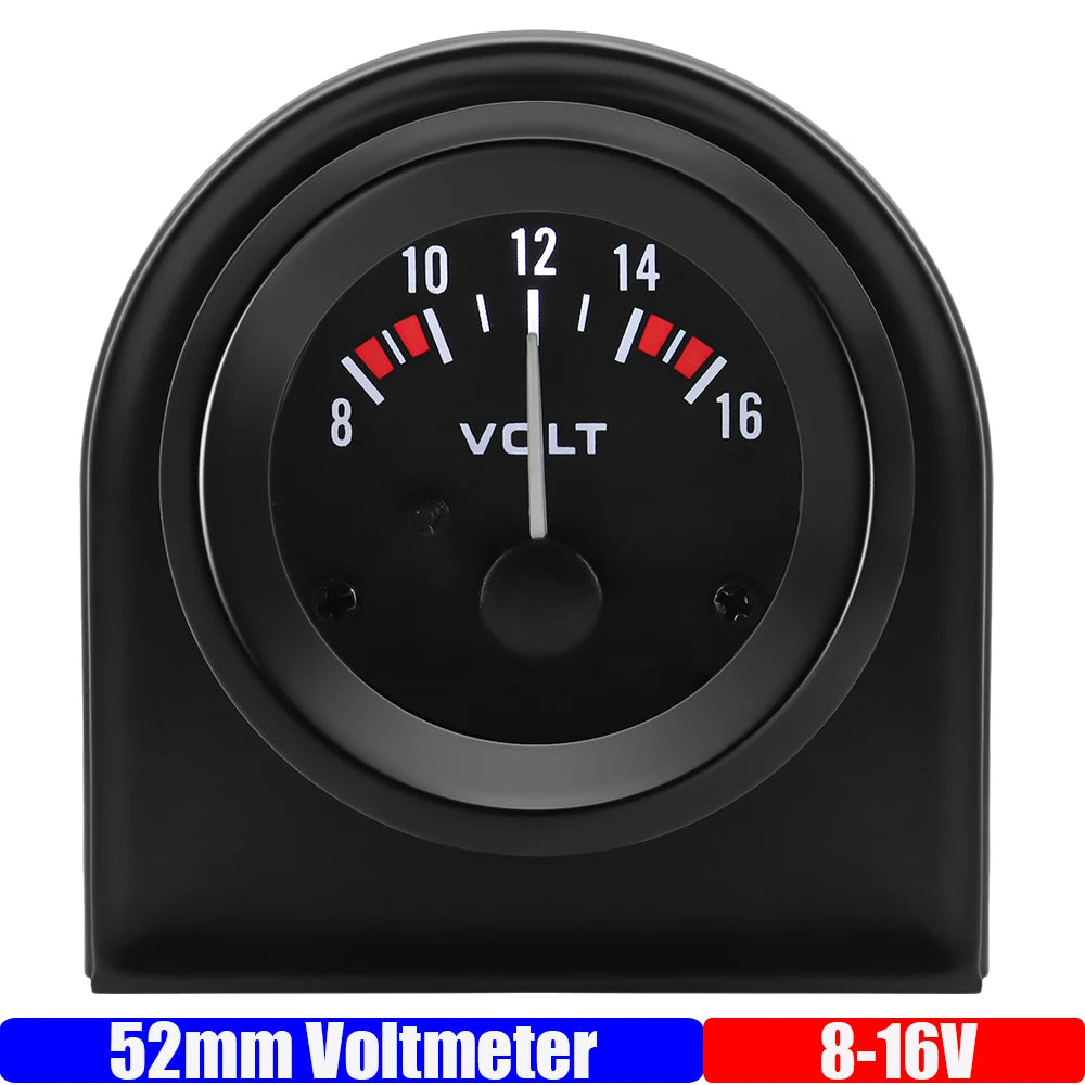 52 mm Car Voltmeter Gauge, 8–16 V, White LED, Black