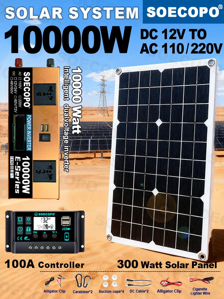 Off-grid solární sada 10000W výkonný měnič + 500W solární panely + 100A regulátor DC 12V/24V - AC 110V/220V měnič