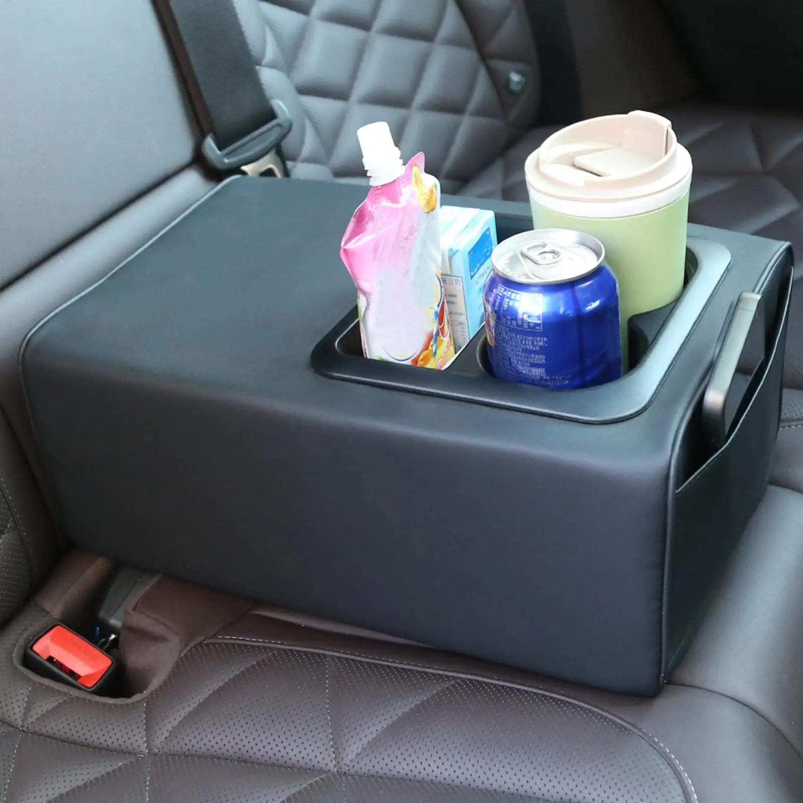Rear Seat Armrest Booster Pad with Cup Holders and Double Pockets